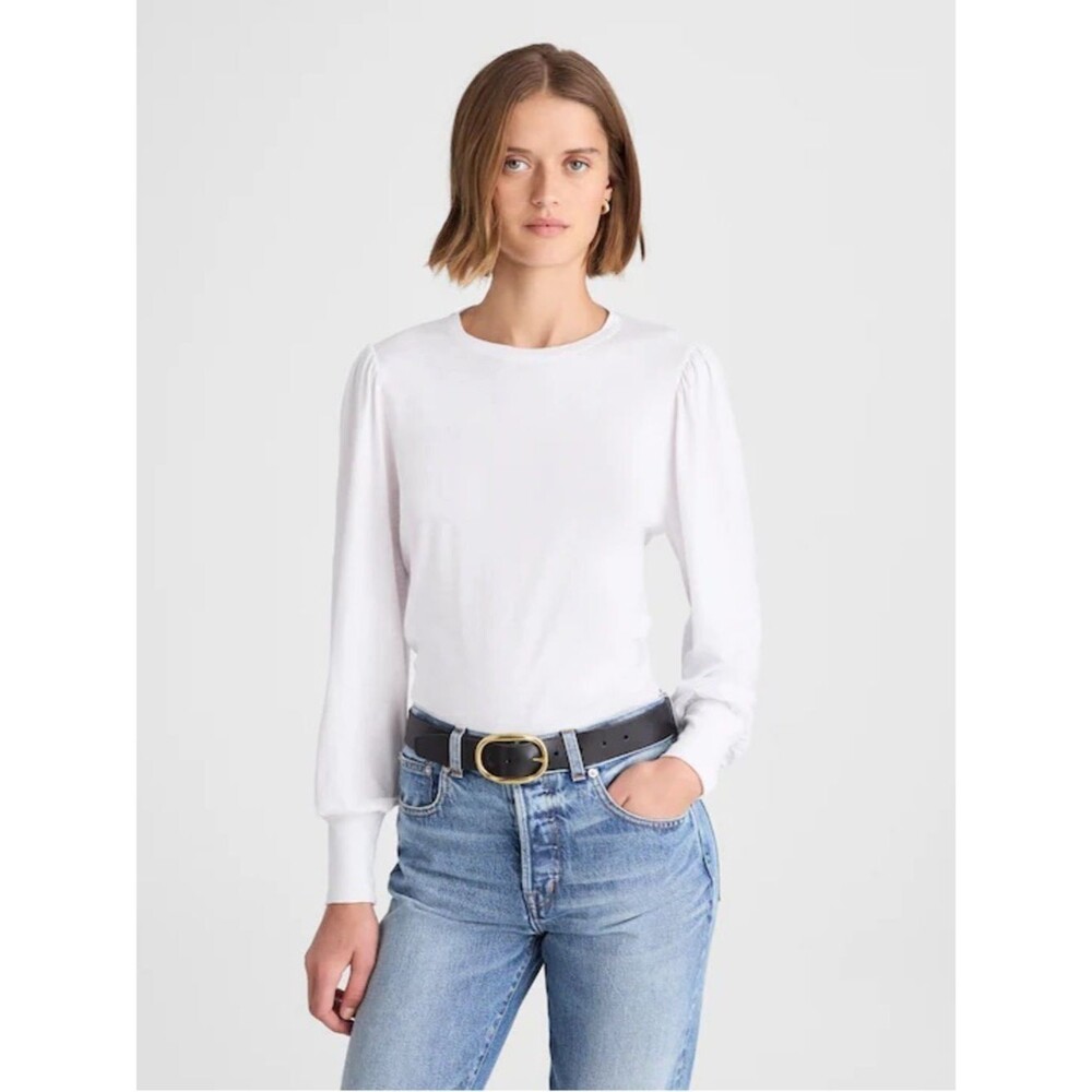 Madewell Medium Puff Long Sleeve Soft Slub White Top Crewneck Smocked Cuff NWT
